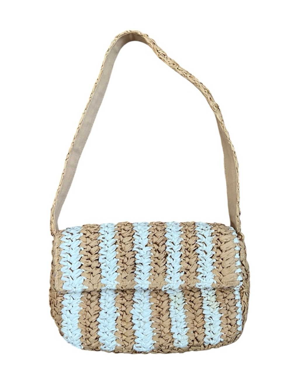 Anthropologie Woven Straw Striped Shoulder Bag Coastal White Tan Small